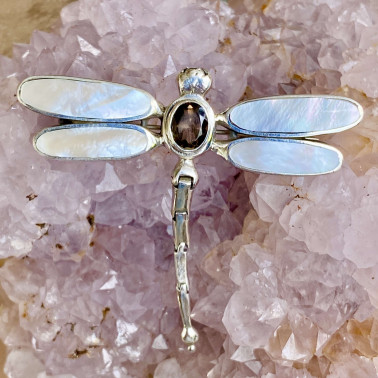 PD 10995 B-MOP-SM-(HANDMADE 925 BALI SILVER DRAGONFLY PENDANT WITH SMOKEY AND MOP)